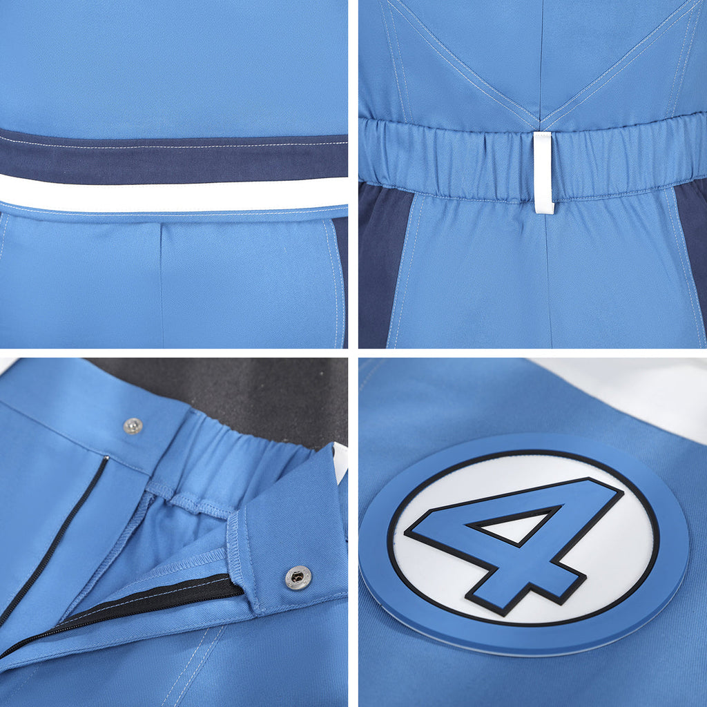Human Torch costume close-ups showing the jacket hem, gathered waistband, trouser fastening and number 4 emblem