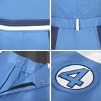 Human Torch costume close-ups showing the jacket hem, gathered waistband, trouser fastening and number 4 emblem