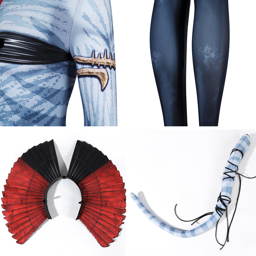 Varang costume detail collage showing the printed arm ornament, dark lower legs, fan-shaped headpiece and cord-wrapped tail