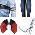 Varang costume detail collage showing the printed arm ornament, dark lower legs, fan-shaped headpiece and cord-wrapped tail