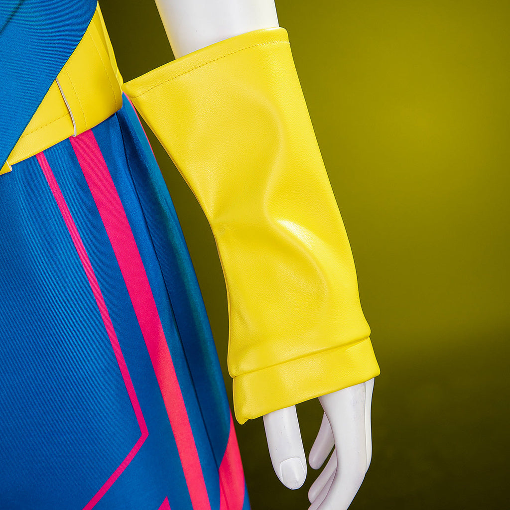 Close-up of the Jubilee yellow wrist cuff beside the blue trousers with pink side stripes