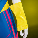 Close-up of the Jubilee yellow wrist cuff beside the blue trousers with pink side stripes