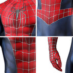 2002 Spider-Man costume detail collage showing the chest spider, pointed waist panel and web-patterned glove