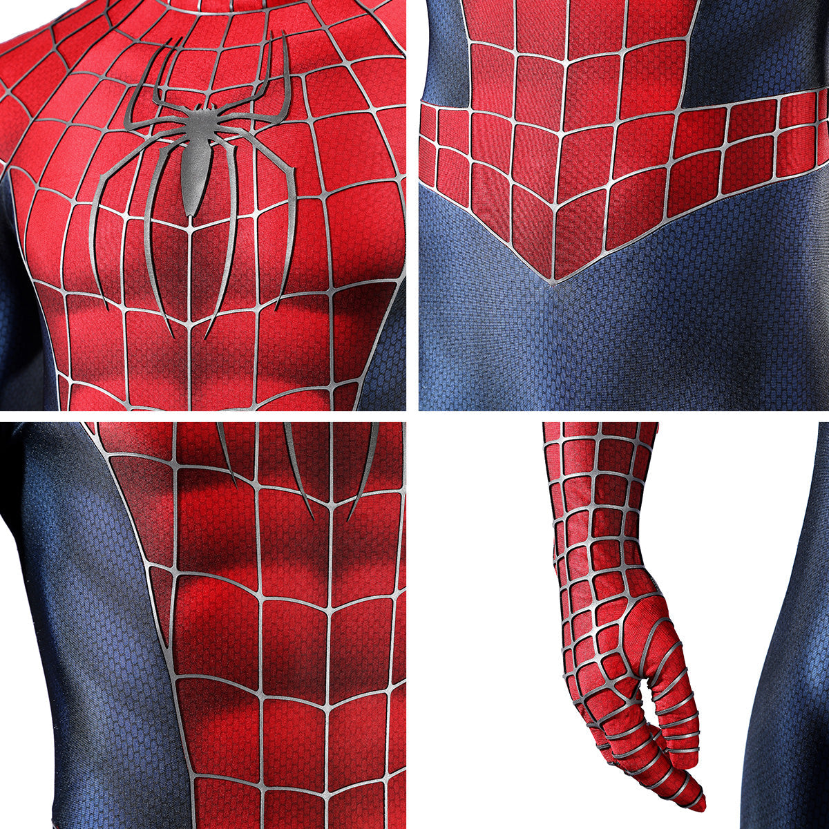 2002 Spider-Man costume detail collage showing the chest spider, pointed waist panel and web-patterned glove