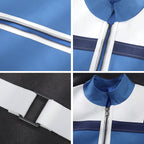 Human Torch jacket close-ups showing the zipper, blue stand collar, white trim and belt buckle