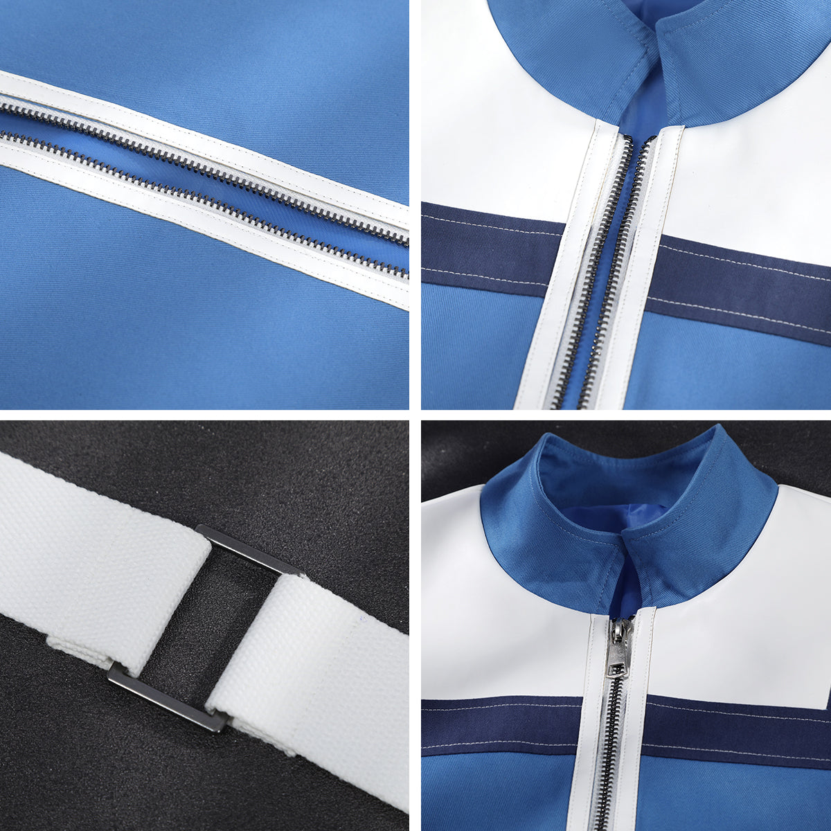 Human Torch jacket close-ups showing the zipper, blue stand collar, white trim and belt buckle