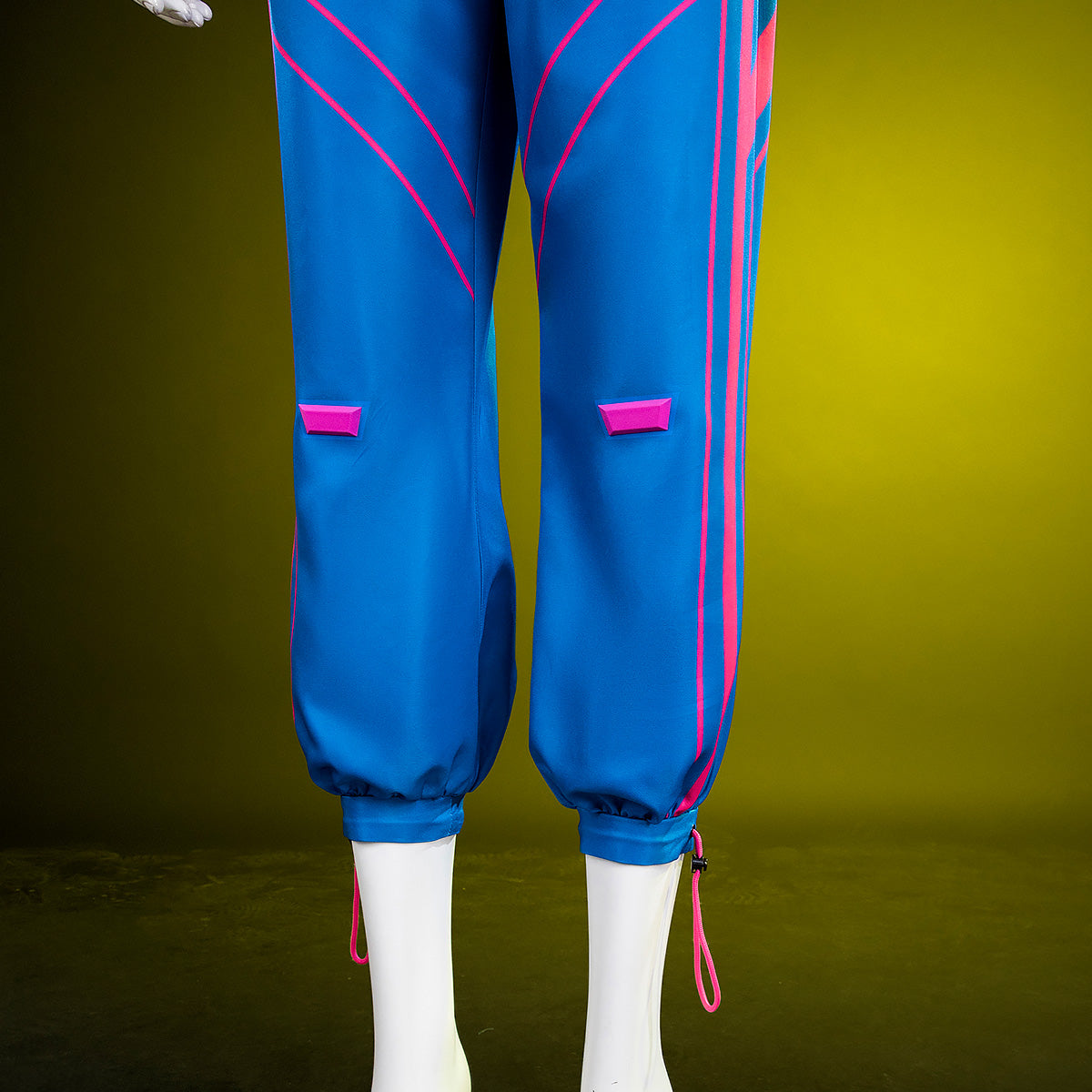 Jubilee blue trouser detail showing pink knee accents, side stripes and gathered cuffs with pink cords