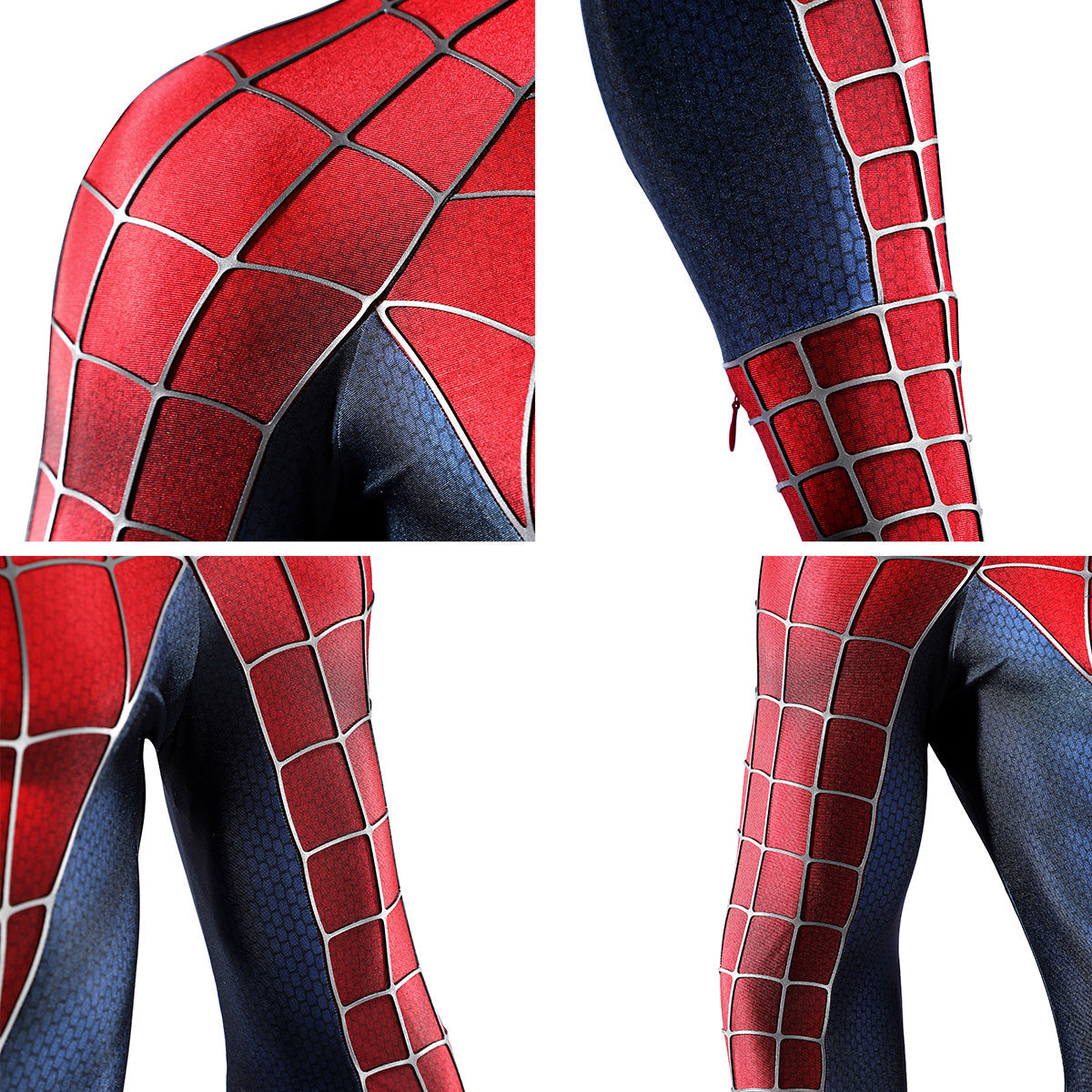 Tobey Maguire Spider-Man costume close-ups showing the shoulder web pattern and wrist zipper