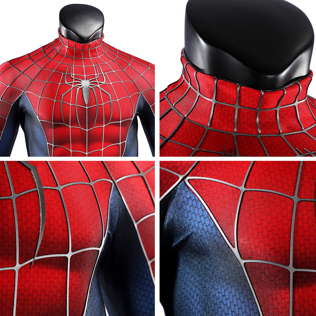 2002 Spider-Man suit detail collage showing the collar, chest and raised web lines beside navy panels