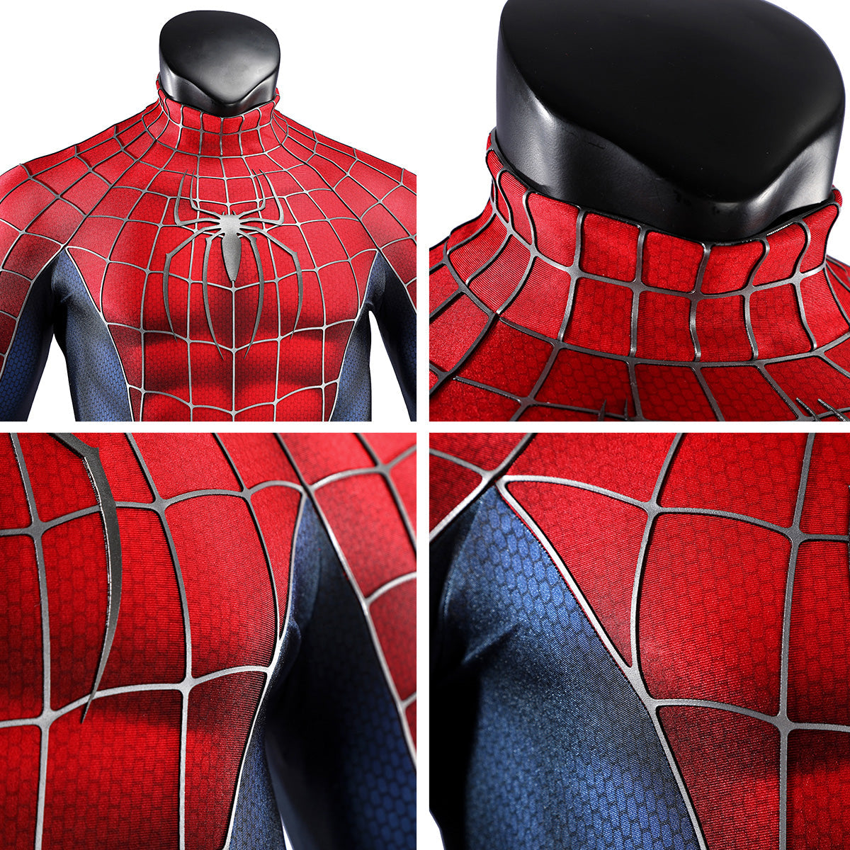 2002 Spider-Man suit detail collage showing the collar, chest and raised web lines beside navy panels