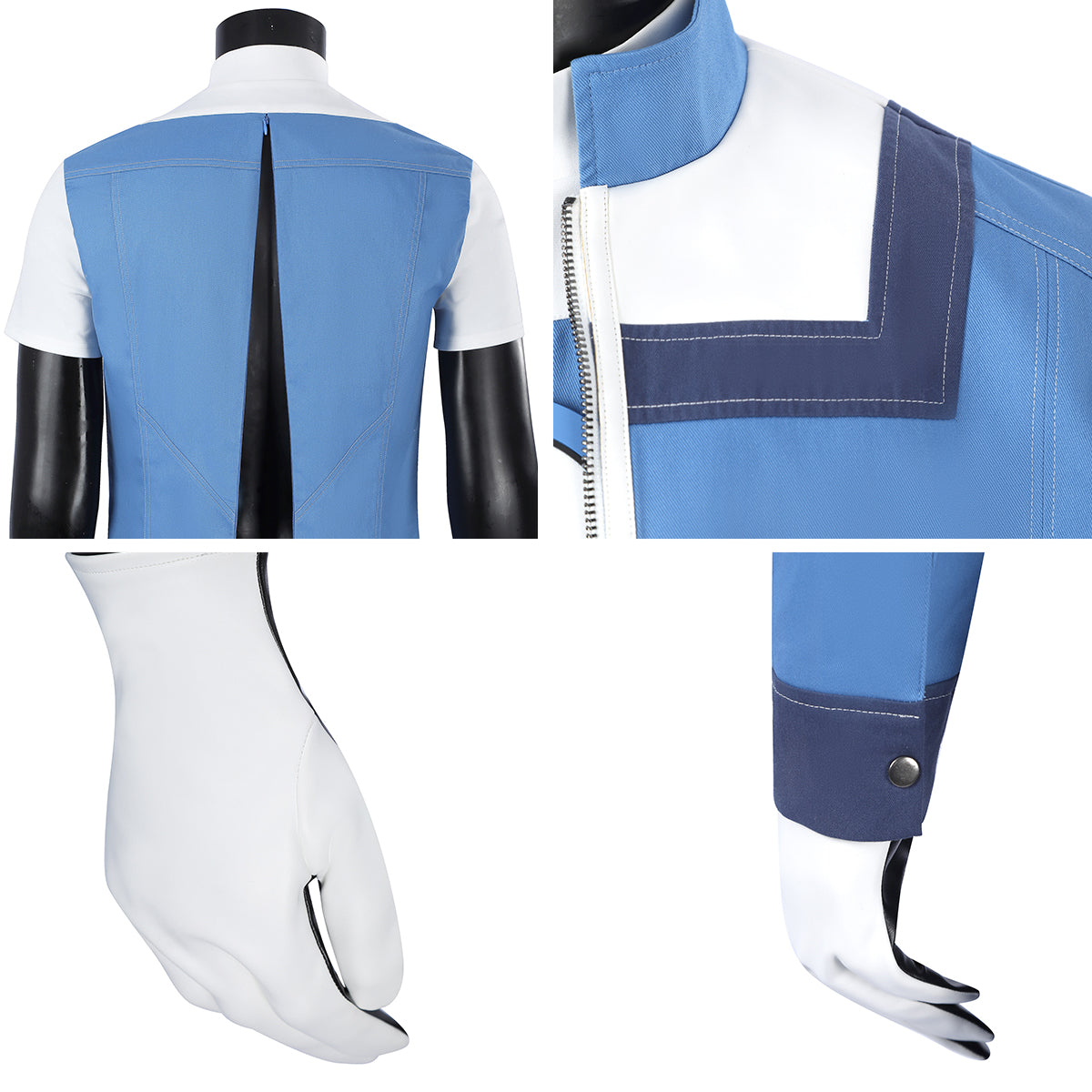 Human Torch costume details showing the top back zipper, jacket shoulder trim, white glove and dark blue cuff