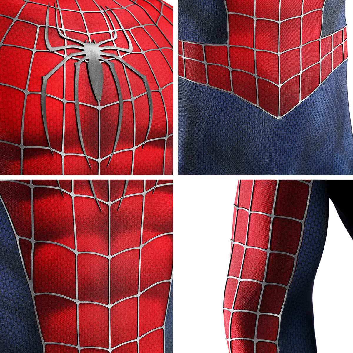 Close-up collage of the 2002 Spider-Man chest emblem, waist and upper-arm web pattern