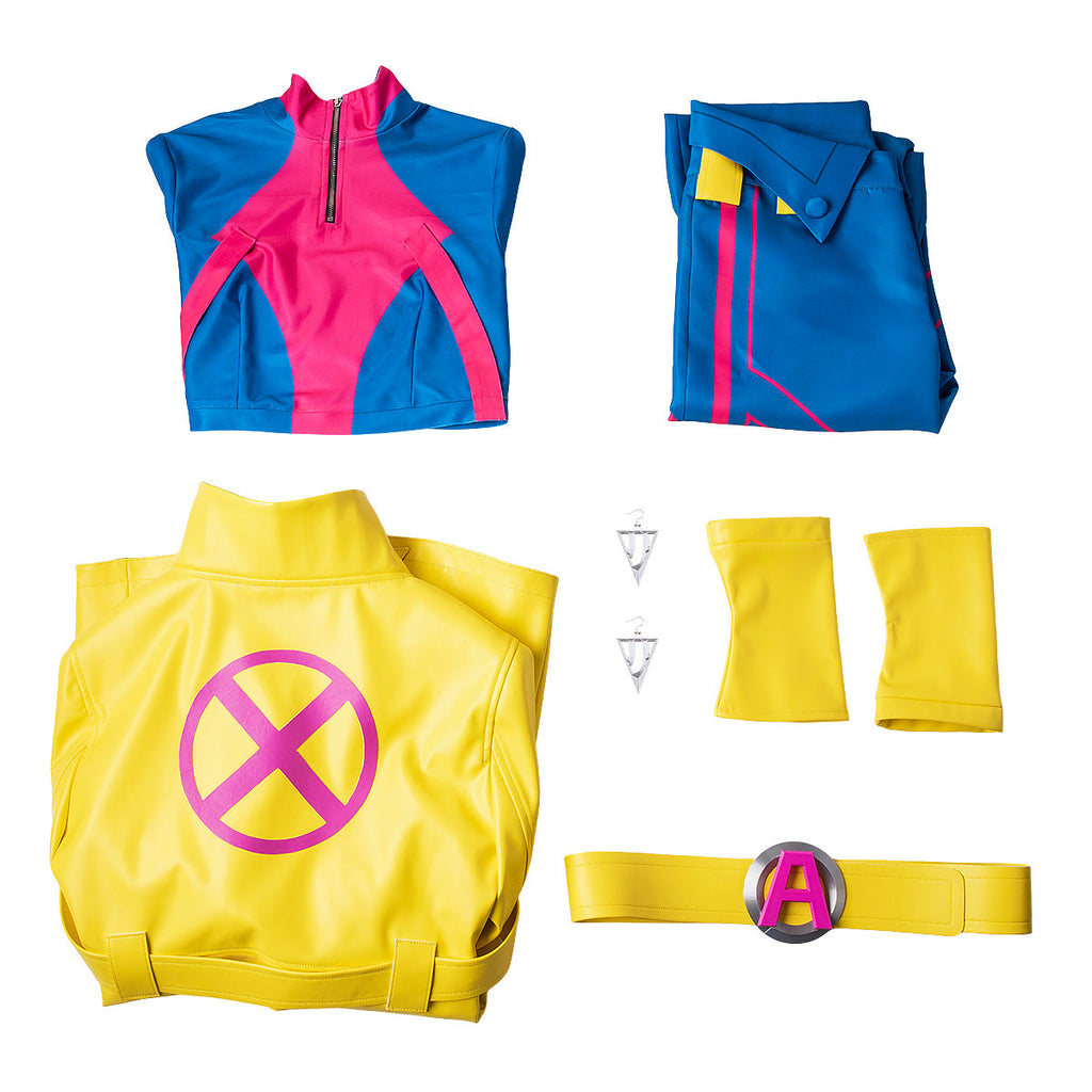 Jubilee cosplay coat, crop top, trousers, wrist cuffs, belt and triangular earrings laid out separately