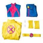 Jubilee cosplay coat, crop top, trousers, wrist cuffs, belt and triangular earrings laid out separately