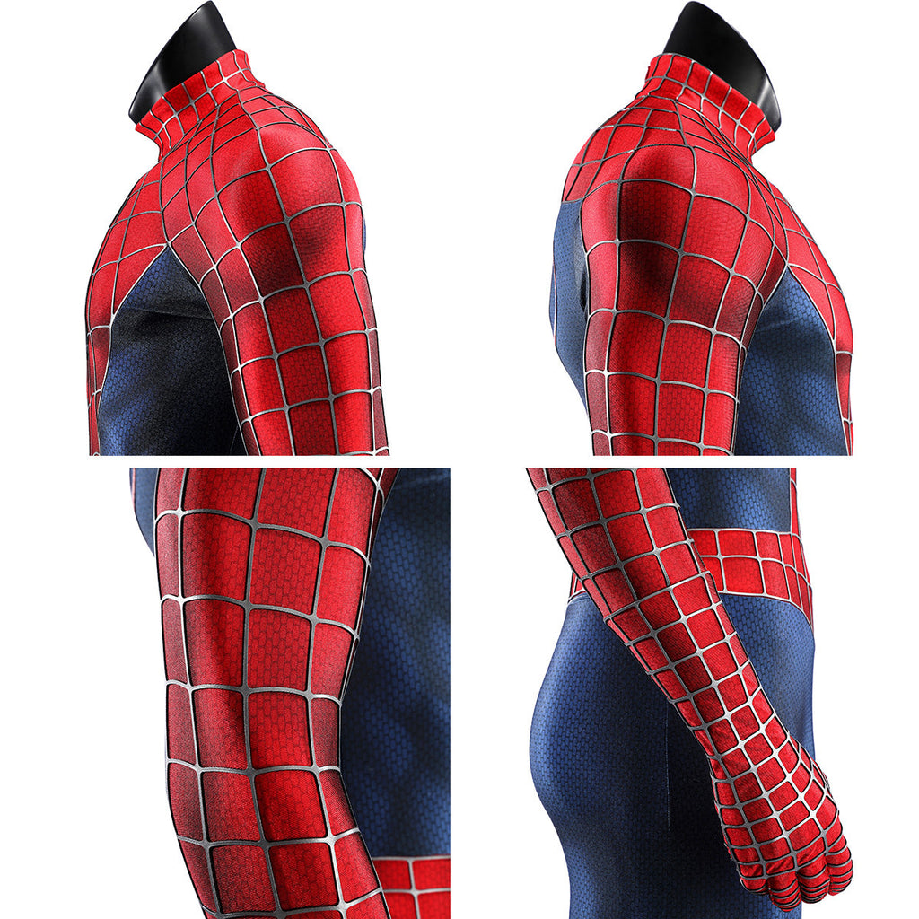 2002 Spider-Man suit detail views showing the shoulders and web-patterned forearm and glove