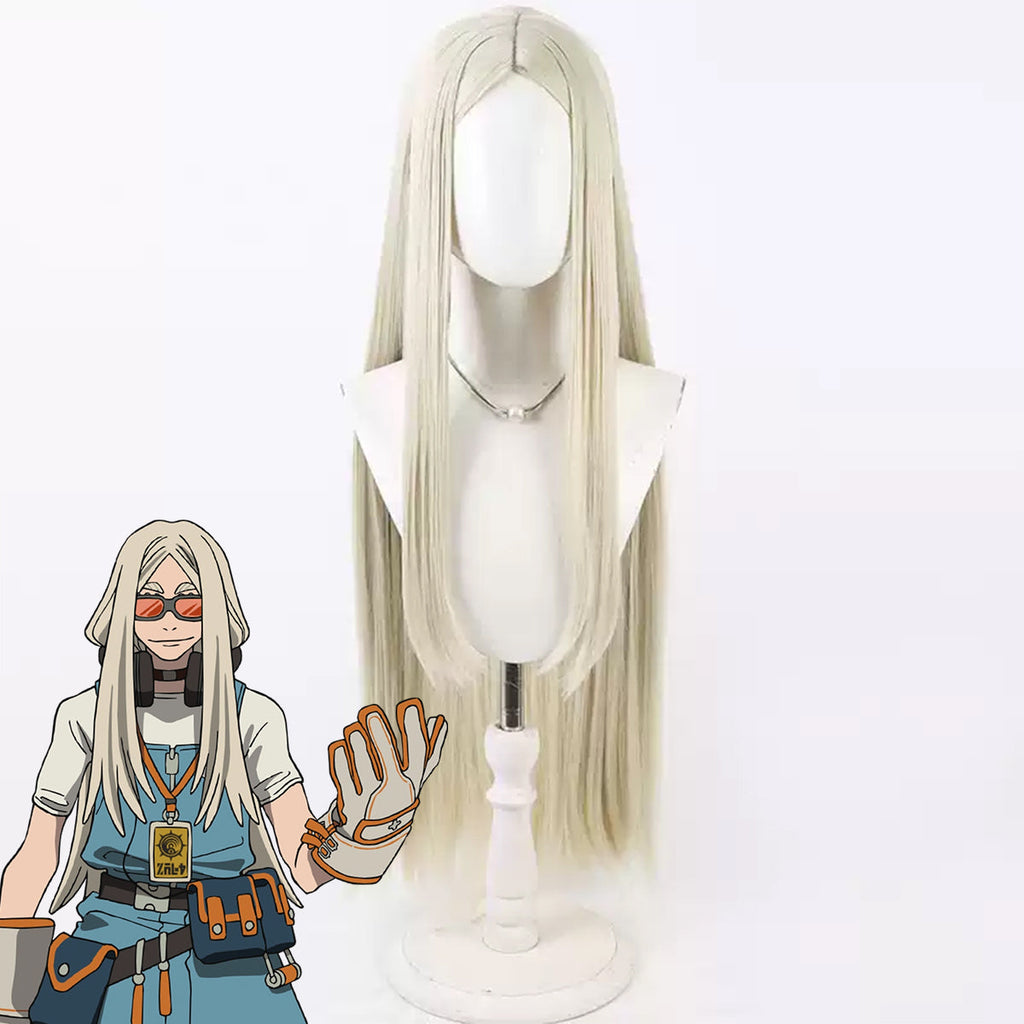 Gachiakuta August long pale blonde cosplay wig on a mannequin beside a character illustration