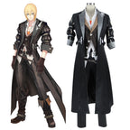 Tales of Berseria Eizen cosplay costume with a long black coat and gray lapels, shown beside character artwork