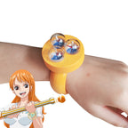 One Piece Nami New World Log Pose cosplay wrist prop with three clear domes, shown beside character artwork