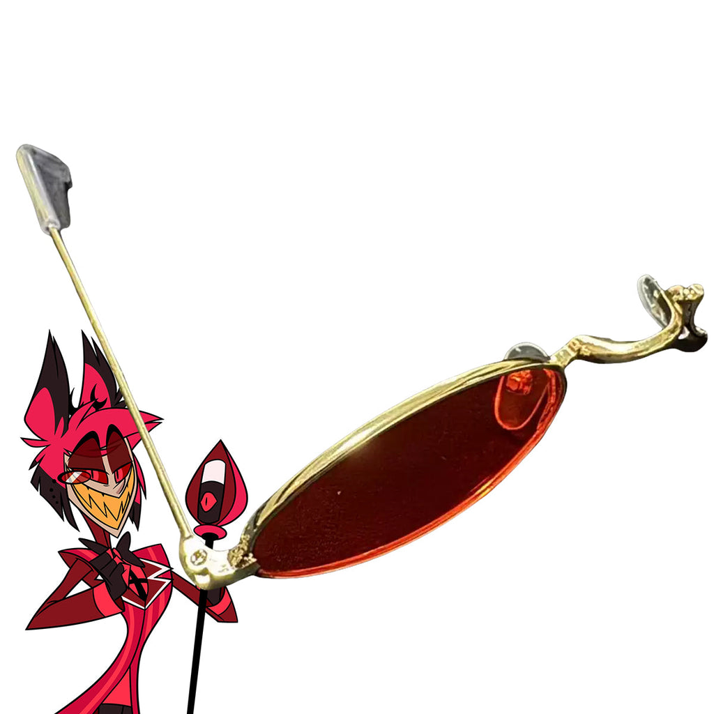 Hazbin Hotel Alastor red oval single-lens cosplay glasses with a gold-colored frame beside a character illustration