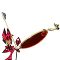 Hazbin Hotel Alastor red oval single-lens cosplay glasses with a gold-colored frame beside a character illustration