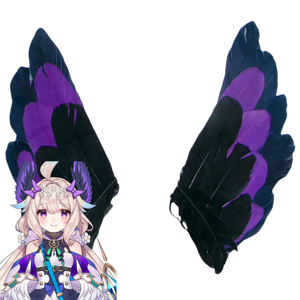 NIJISANJI Enna Alouette wing-shaped cosplay headwear with black, purple and dark blue feathers beside character artwork