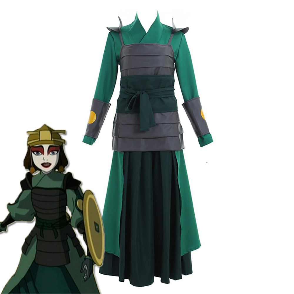 Suki green Kyoshi Warrior cosplay costume with dark armor-style panels and wrist guards beside the character reference