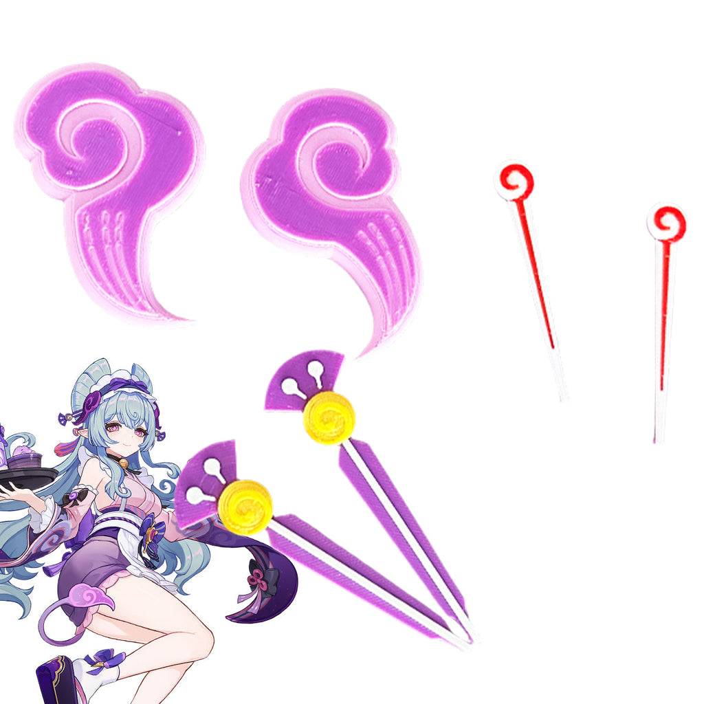 Genshin Impact Yumemizuki Mizuki cosplay hair accessories in pink, purple and red beside a character illustration