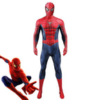 2002 Spider-Man cosplay costume in red and navy with raised web lines, shown beside Tobey Maguire character artwork