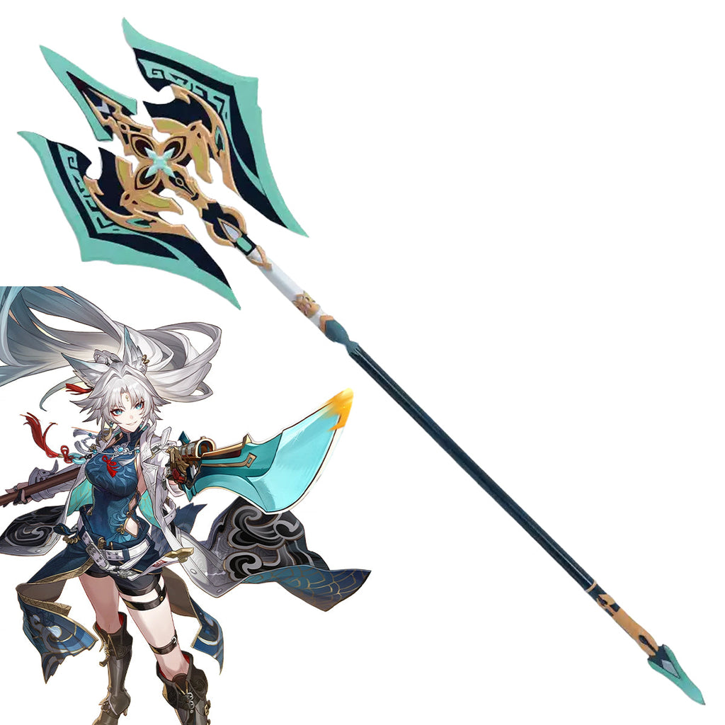 Honkai Star Rail Fei Xiao green and gold-colored cosplay staff beside a character illustration