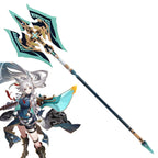 Honkai Star Rail Fei Xiao green and gold-colored cosplay staff beside a character illustration