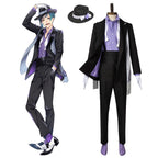 Floyd Leech Octavinelle cosplay costume from Twisted Wonderland with a black suit, purple shirt and hat beside character artwork