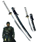 Ghost of Tsushima Jin Sakai long and short sword cosplay props with scabbards beside a character image