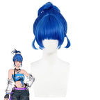 Overwatch 2 x LE SSERAFIM Fearless D.Va blue cosplay wig with a high updo and bangs beside character artwork