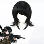 Mukuro Ikusaba black Danganronpa cosplay wig with swept bangs and flipped layered ends beside the character reference