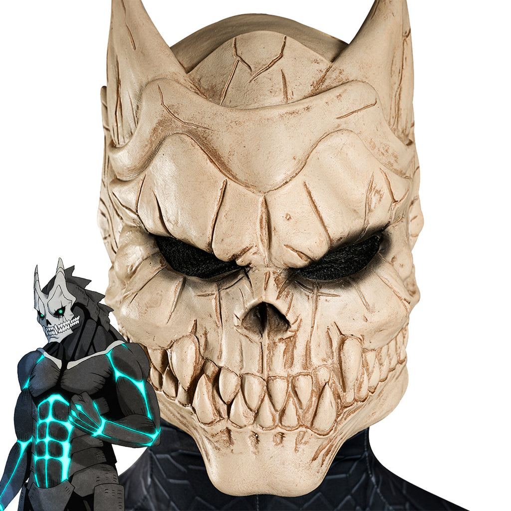 Kaiju No. 8 Kafka Hibino monster mask with a bone-colored horned skull design beside character art