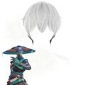 Overwatch Mizuki gray cosplay wig with layered bangs and a black lower section beside character artwork