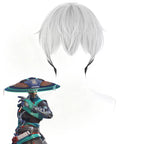 Overwatch Mizuki gray cosplay wig with layered bangs and a black lower section beside character artwork