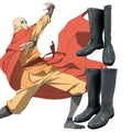 The Legend of Aang gray cosplay boots shown from multiple angles beside Aang character artwork
