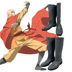 The Legend of Aang gray cosplay boots shown from multiple angles beside Aang character artwork