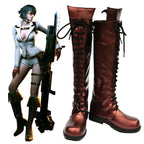 Lady Devil May Cry brown cosplay boots with black front laces and tall tongues beside the character reference