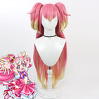 Wonderful Precure Inukai Komugi pink cosplay wig with yellow tips and raised twin ponytails, beside a character reference