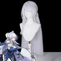 Zenless Zone Zero Velina Airgid long white cosplay wig with layered bangs, beside a character reference