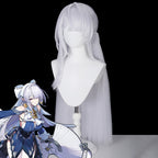 Zenless Zone Zero Velina Airgid long white cosplay wig with layered bangs, beside a character reference