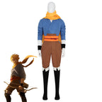Yuru cosplay costume from Yomi No Tsugai with a blue wrap top, yellow scarf, orange sash and brown trousers beside the character reference