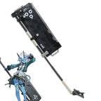 Zenless Zone Zero Soukaku fan cosplay prop with a black rectangular panel and long wrapped handle, beside a character reference