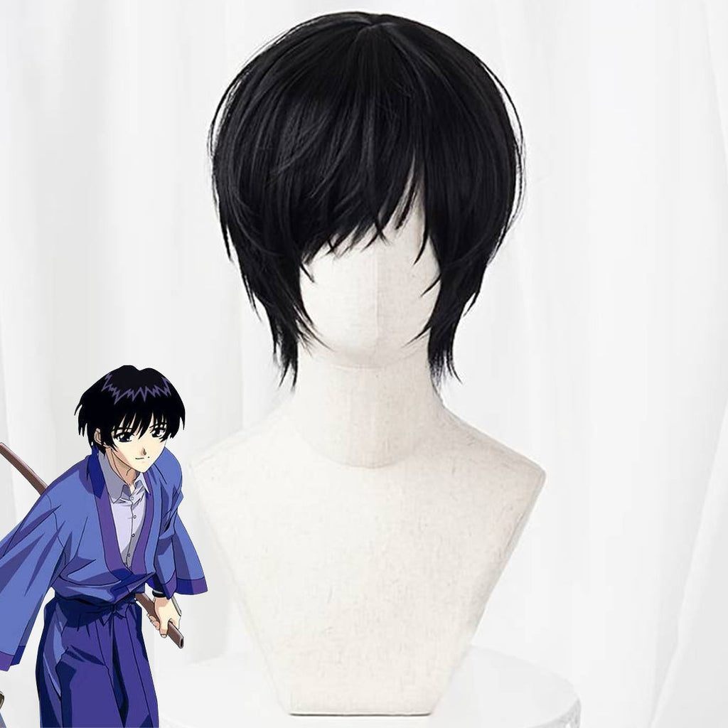 Rurouni Kenshin Sojiro Seta short black cosplay wig with layered bangs beside character artwork