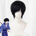 Rurouni Kenshin Sojiro Seta short black cosplay wig with layered bangs beside character artwork