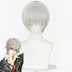 Zero Kiryu silver-white cosplay wig from Vampire Knight with long bangs and short layers beside character artwork