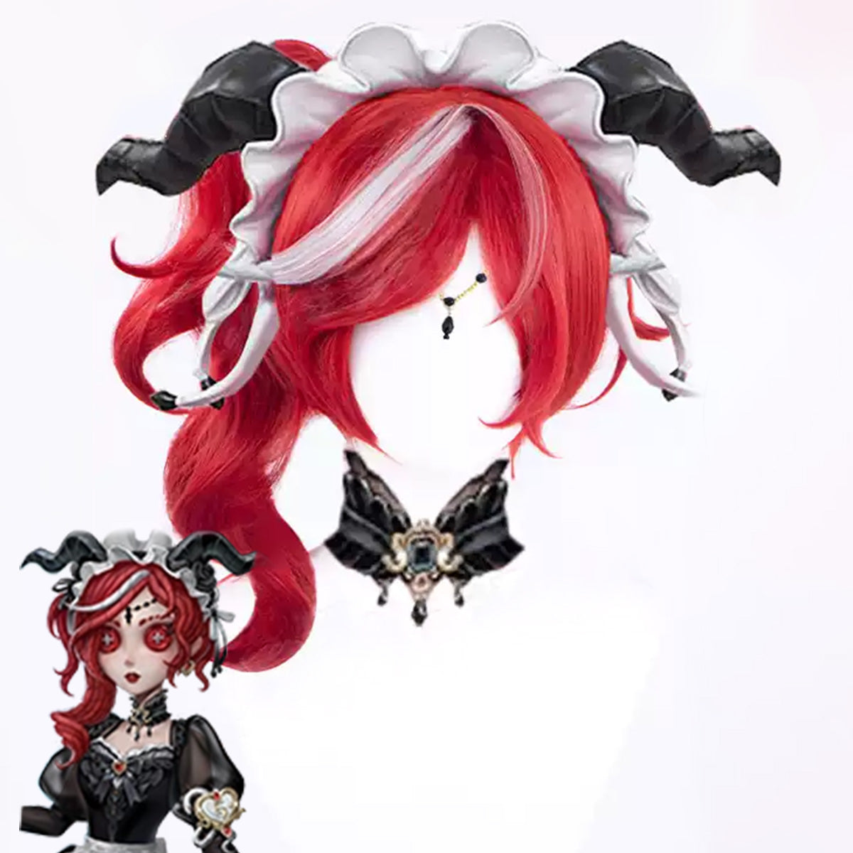 Identity V Crimson Priestess Fiona Gilman horned headpiece and forehead chain styled with a red wig beside character art