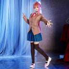 Model wearing a Doki Doki Literature Club school uniform with a brown blazer, red neck ribbon and blue pleated skirt